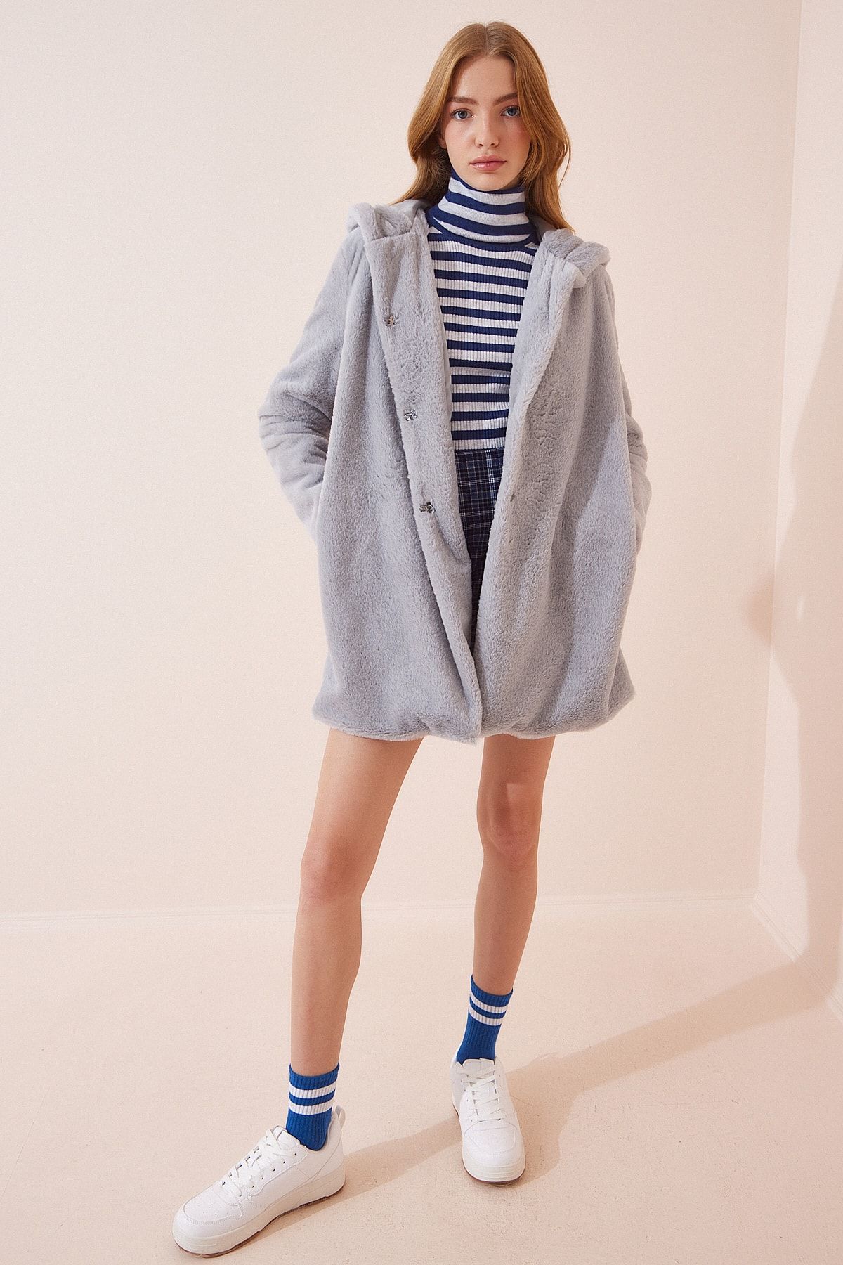 Happiness İstanbul-Women's Gray Hooded Faux Fur Coat RV00082 2