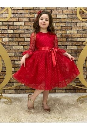 Kız Çocuk Kırmızı Dantel İşlemeli Tüllü Astarlı Elbise ve Toka 2834610477