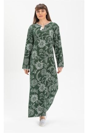 Uzun Kol Büyük Beden Şile Bezi Baskılı Uzun Elbise Çınar Desen Yeşil ELB.K.0070