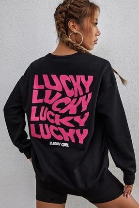 Lucky Baskılı Siyah Oversize Unisex Sweatshirt Lucky232