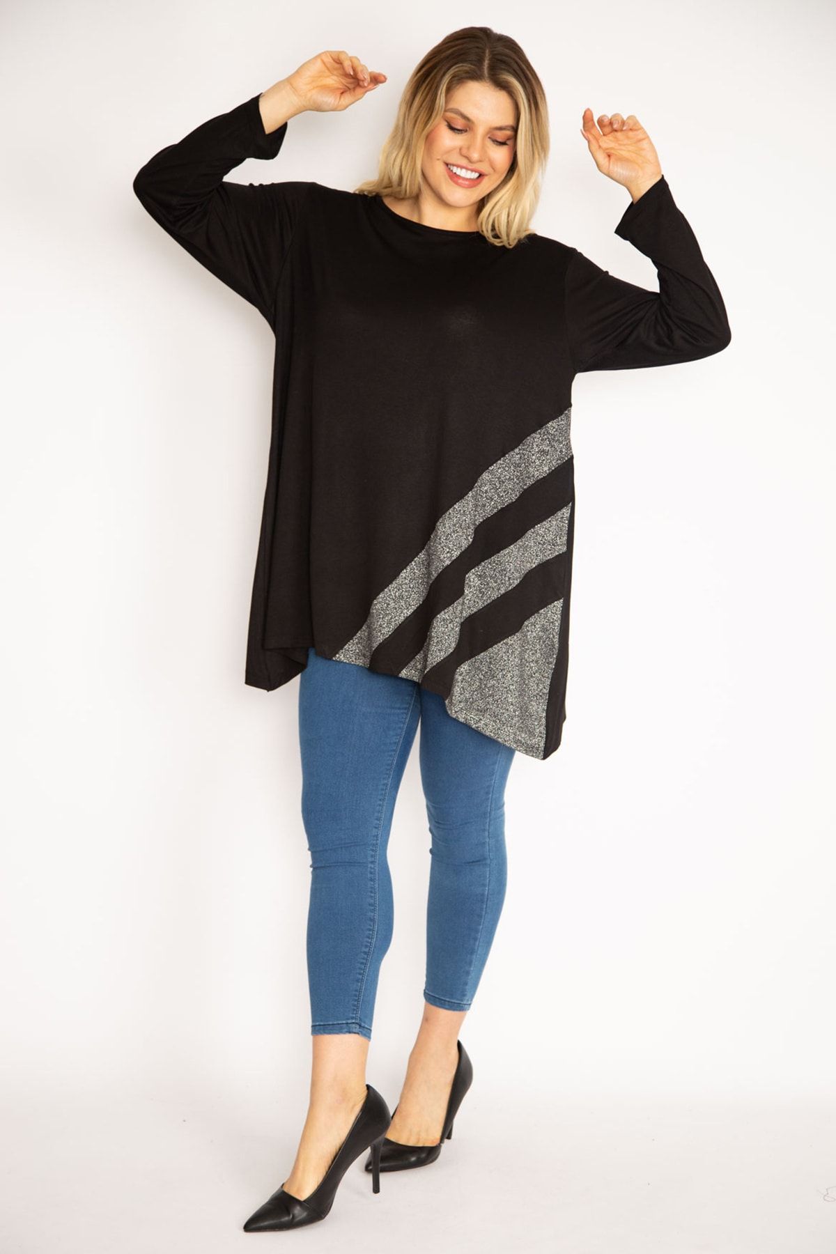 Şans-Women's Large Size Black Glitter Detailed Tunic 65n35186 5