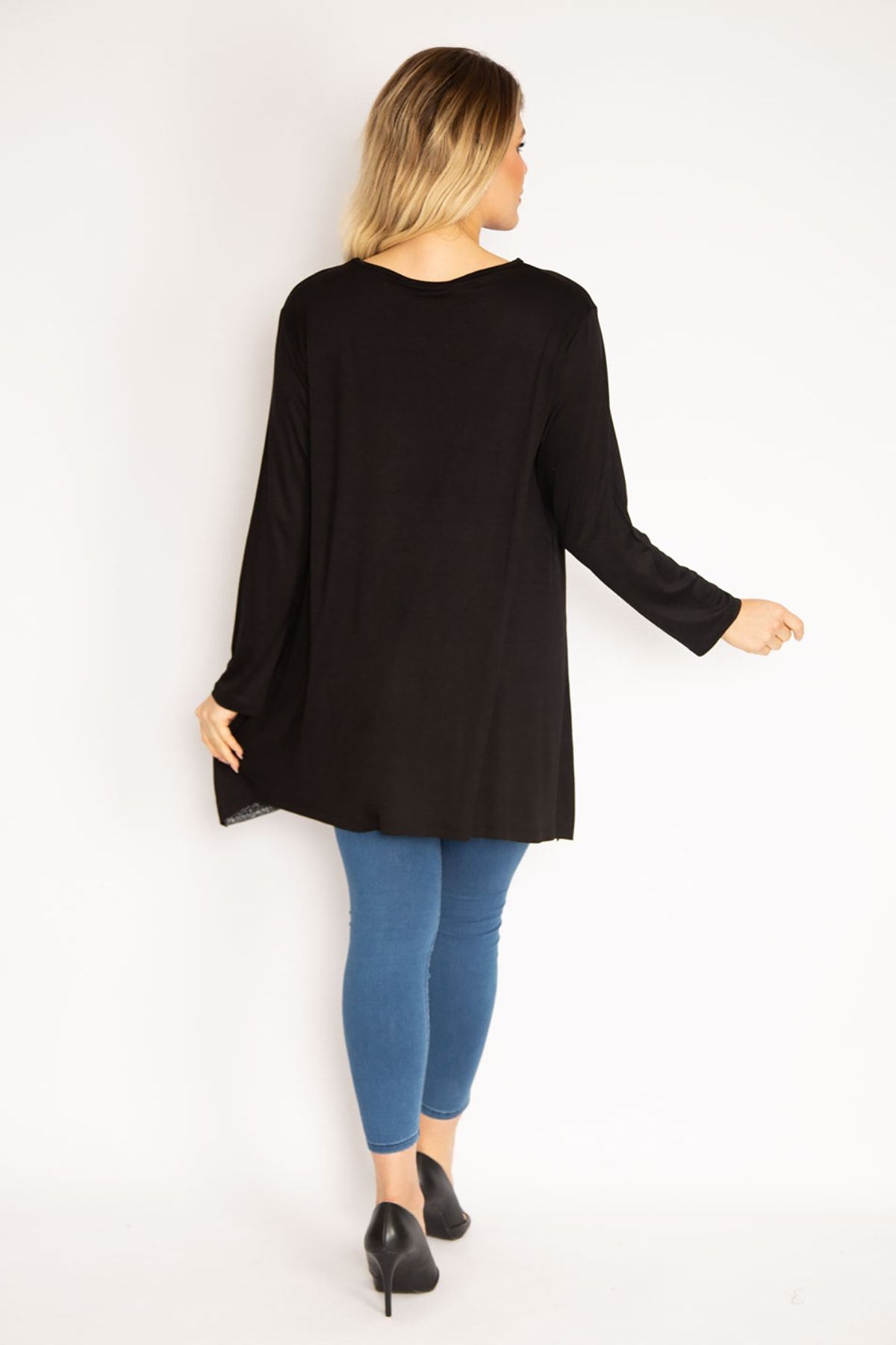 Şans-Women's Large Size Black Glitter Detailed Tunic 65n35186 6
