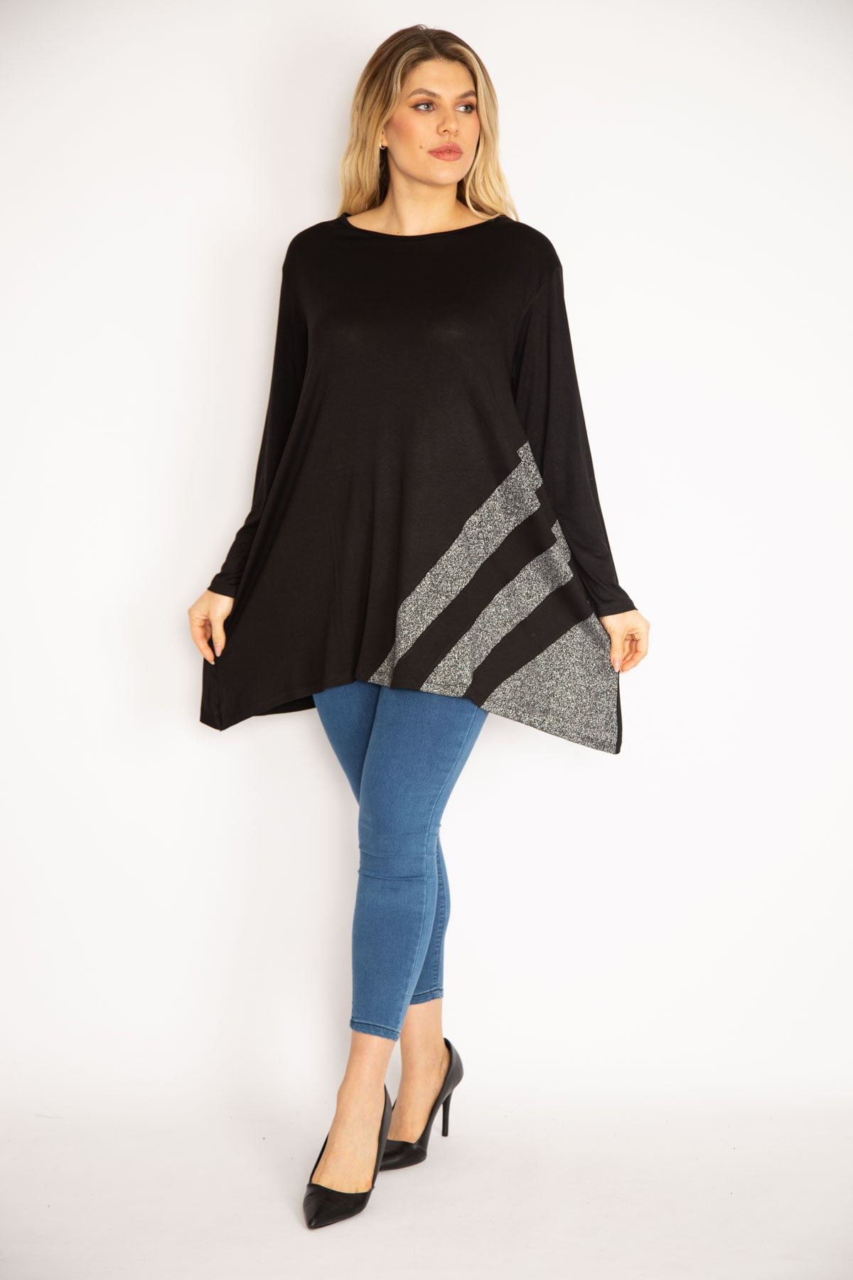 Şans-Women's Large Size Black Glitter Detailed Tunic 65n35186 7