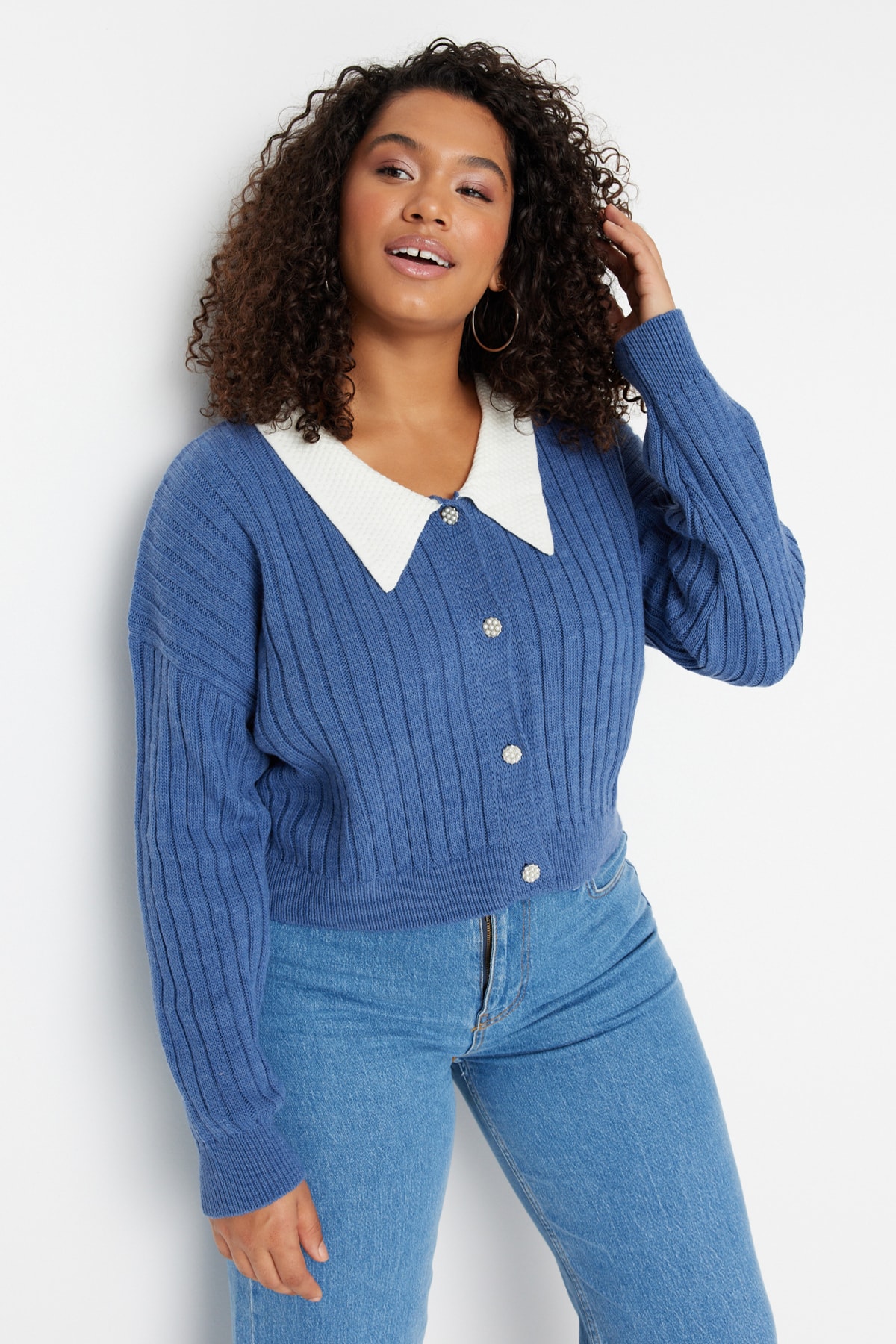 Trendyol Curve Plus Size Cardigan - Blue - Fitted