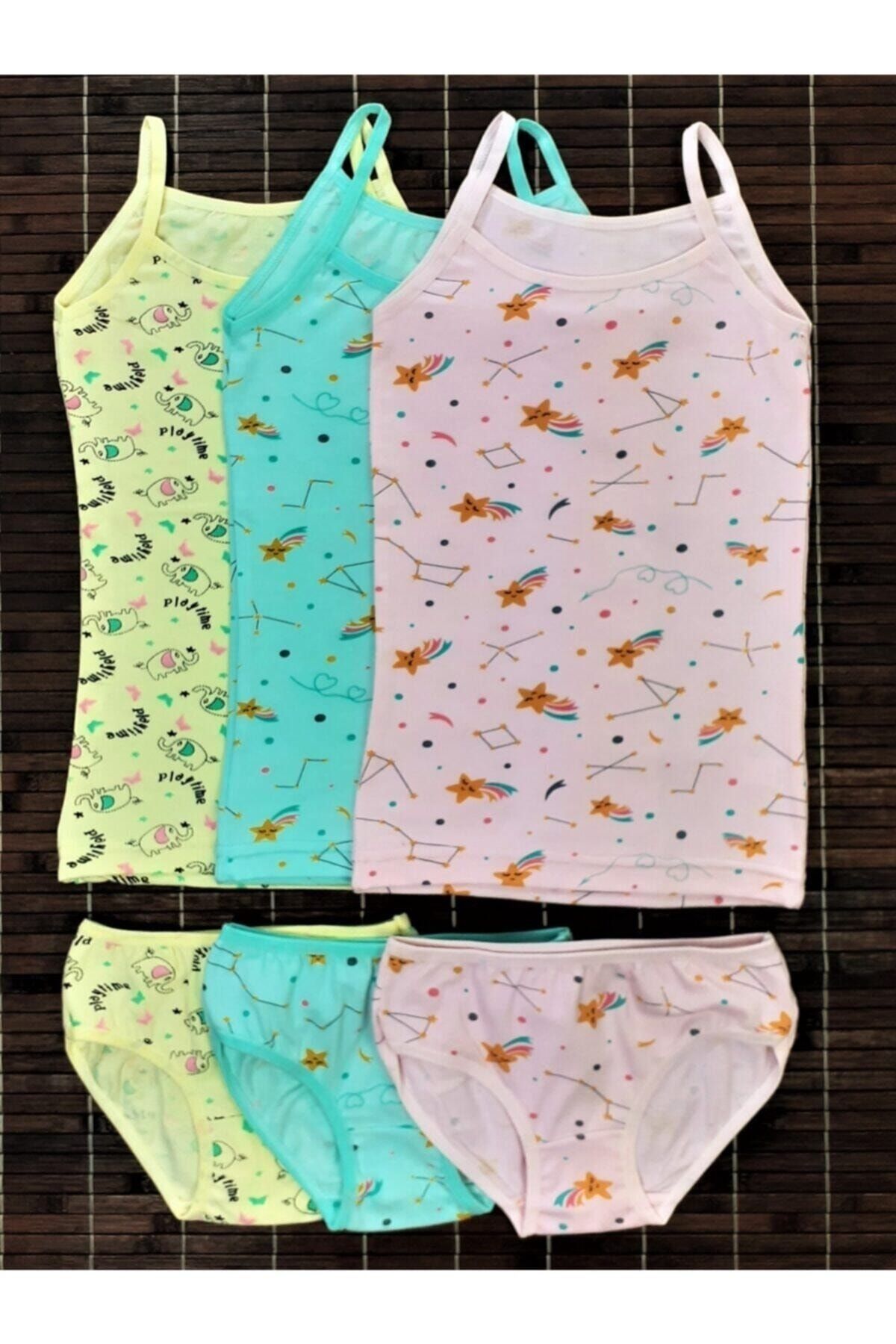 ADN Underwear 3 Adet Kız Çocuk Desenli Atlet Slip Külot Takım Pamuklu Mint Sarı Pembe Set ADNKCSTX3MEP