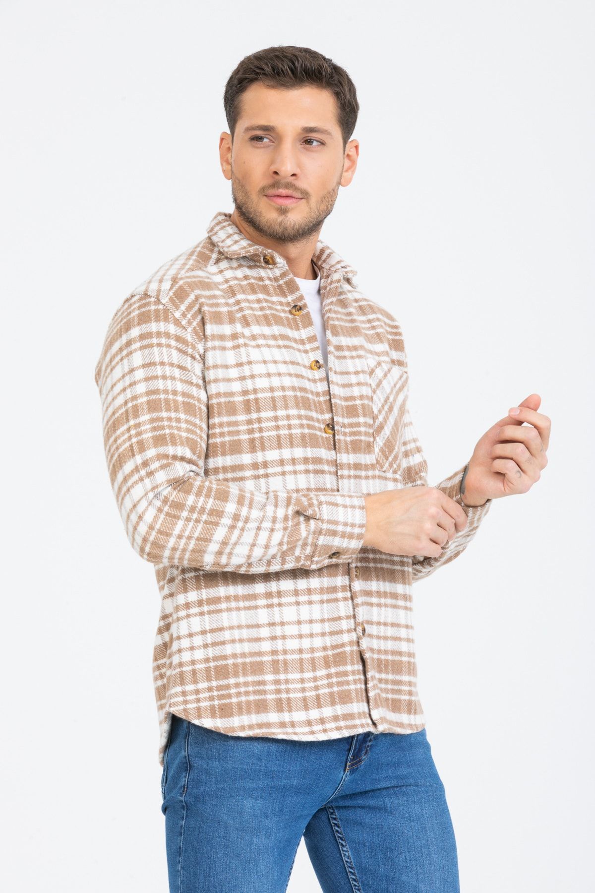 Mero Life Men s Cream Oversize Striped Plaid Cotton Thick Fabric