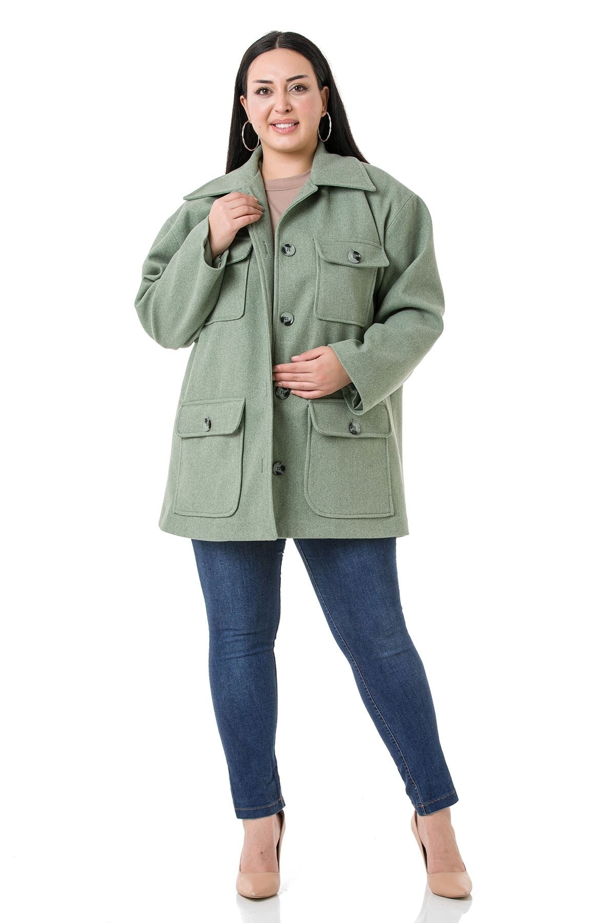DISENTIS MODEST Büyük Beden Gömlek Yaka Kapaklı Cepli Astarlı Yeşil Kaşe Kaban
