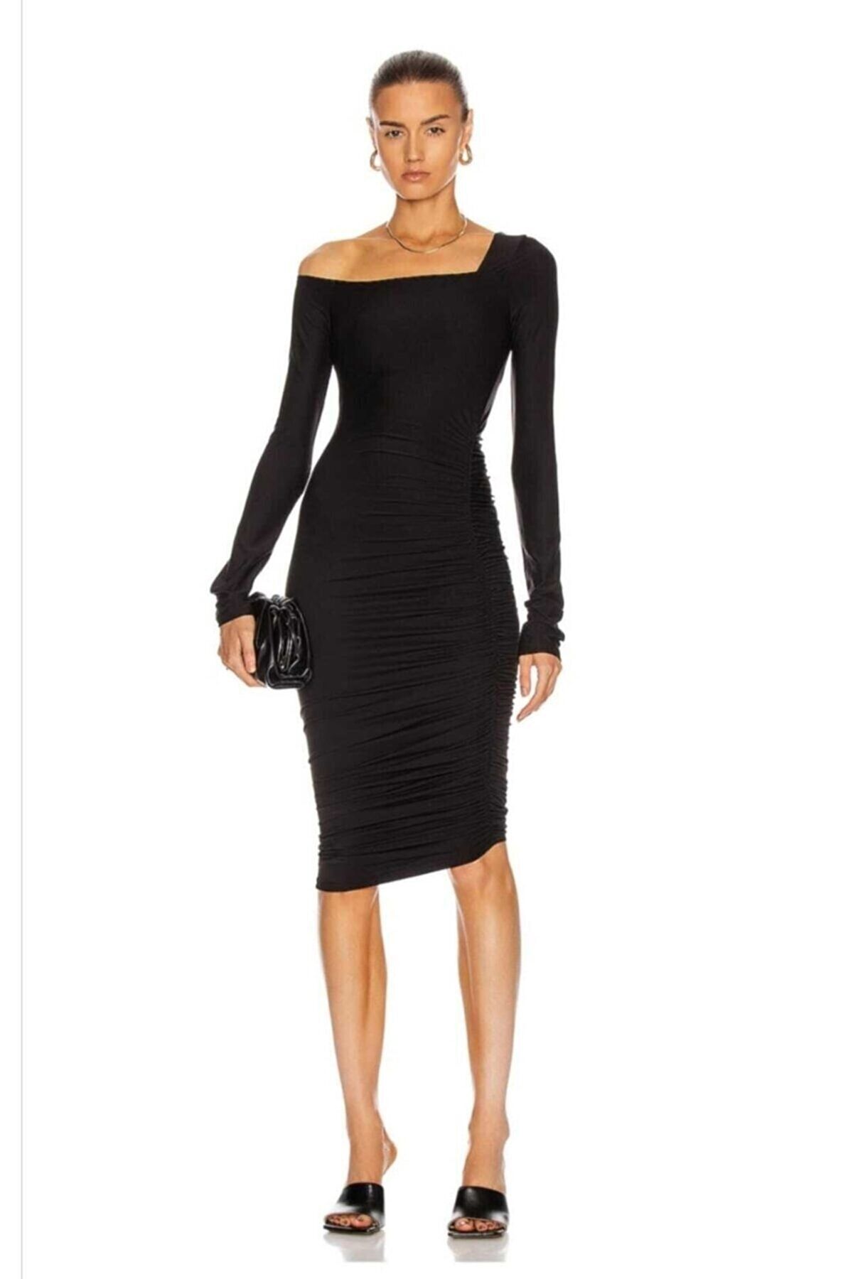 Kadın Siyah Büzgü Detaylı Ipek Jarse Midi Elbise