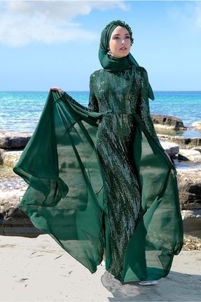 Kadın Yeşil Pelerin Görünümlü Abiye Elbise 0858 19YABLTR0858