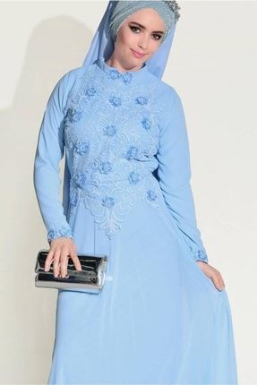 Kadın Mavi Dantel Detaylı Abiye Elbise 8714 18YABLTR8714