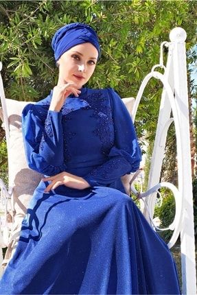 Kadın Lacivert (İNDİGO) Güpür Detaylı Simli Abiye Elbise 5710 20YABLTR5710