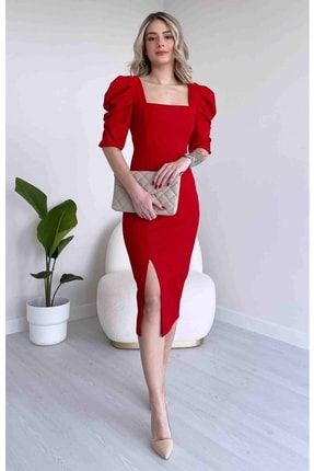 Kadın Esnek Krep Kumaş Omuz Detay Kare Yaka Midi Boy Kırmızı Elbise 026 4S1B-DKS-026