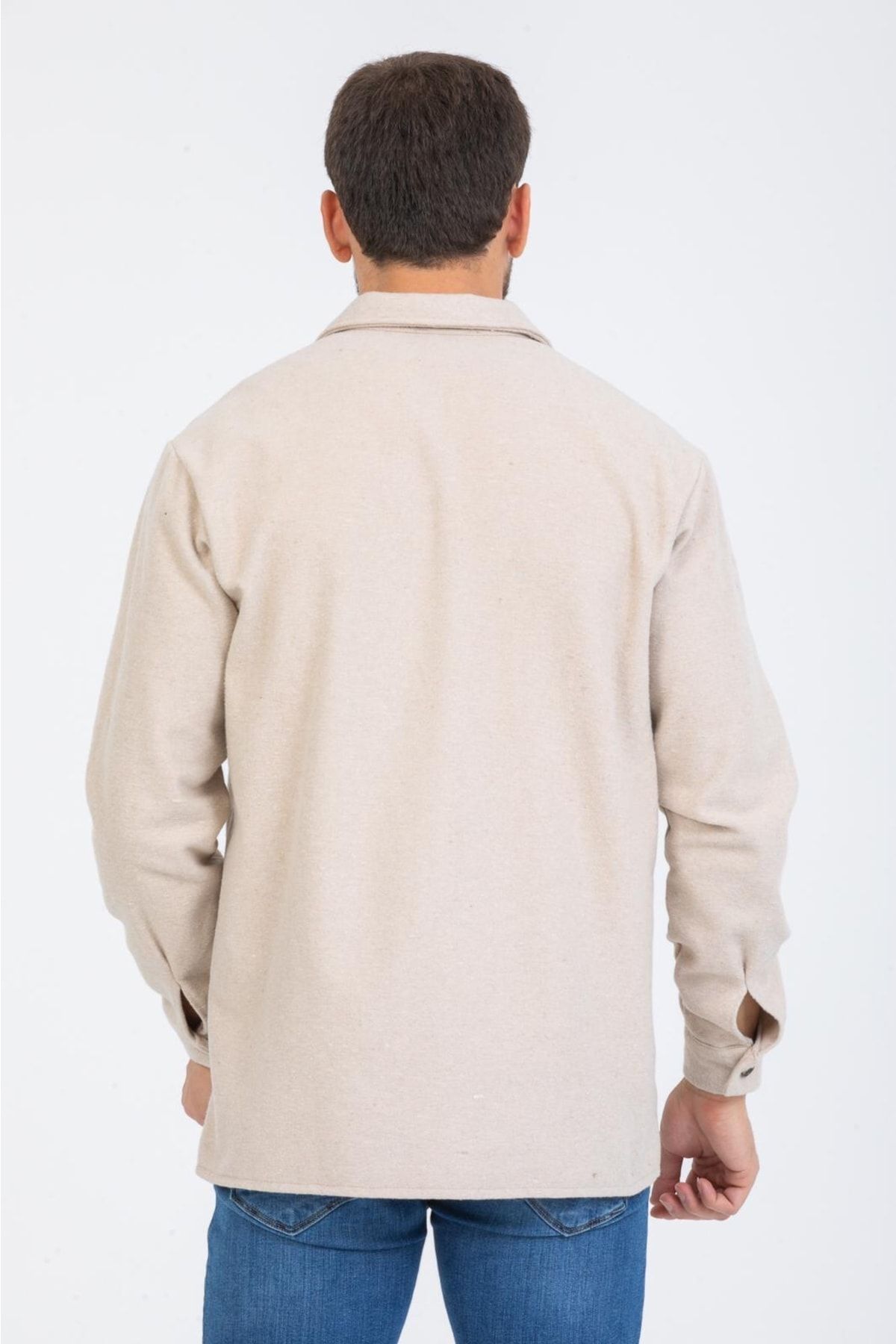 coder-Regular Fit Men's Double Pocket Beige Stamp Lumberjack Shirt 7