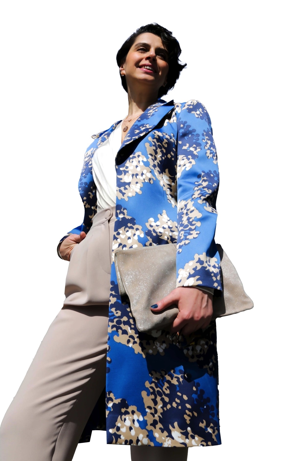 pimood  Clair Mavi Desenli Saten Kadın Manto - Görsel 4