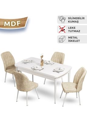 Mun Serisi Mdf Beyaz Mutfak Masa Takımı +Krem Sandalyeli 4 Adet CNS-04MNBYZ