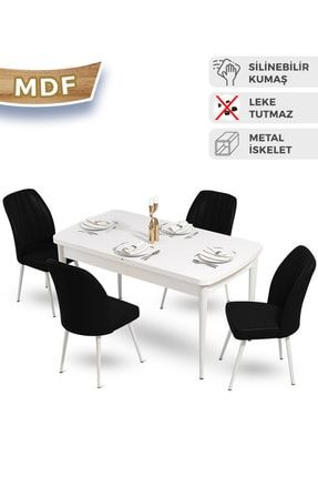 Mun Serisi Mdf Beyaz Mutfak Masa Takımı + 4 Adet Siyah Sandalyeli CNS-04MNBYZ