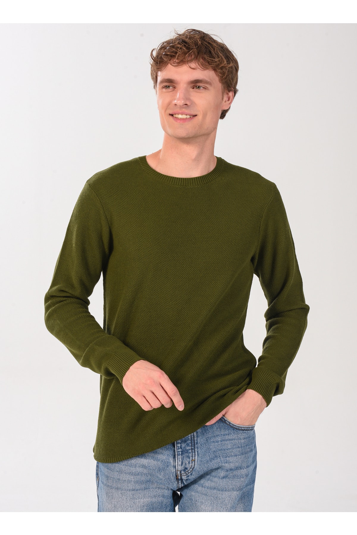 Crew Neck Honeycomb Khaki Men's Sweater 23tr02