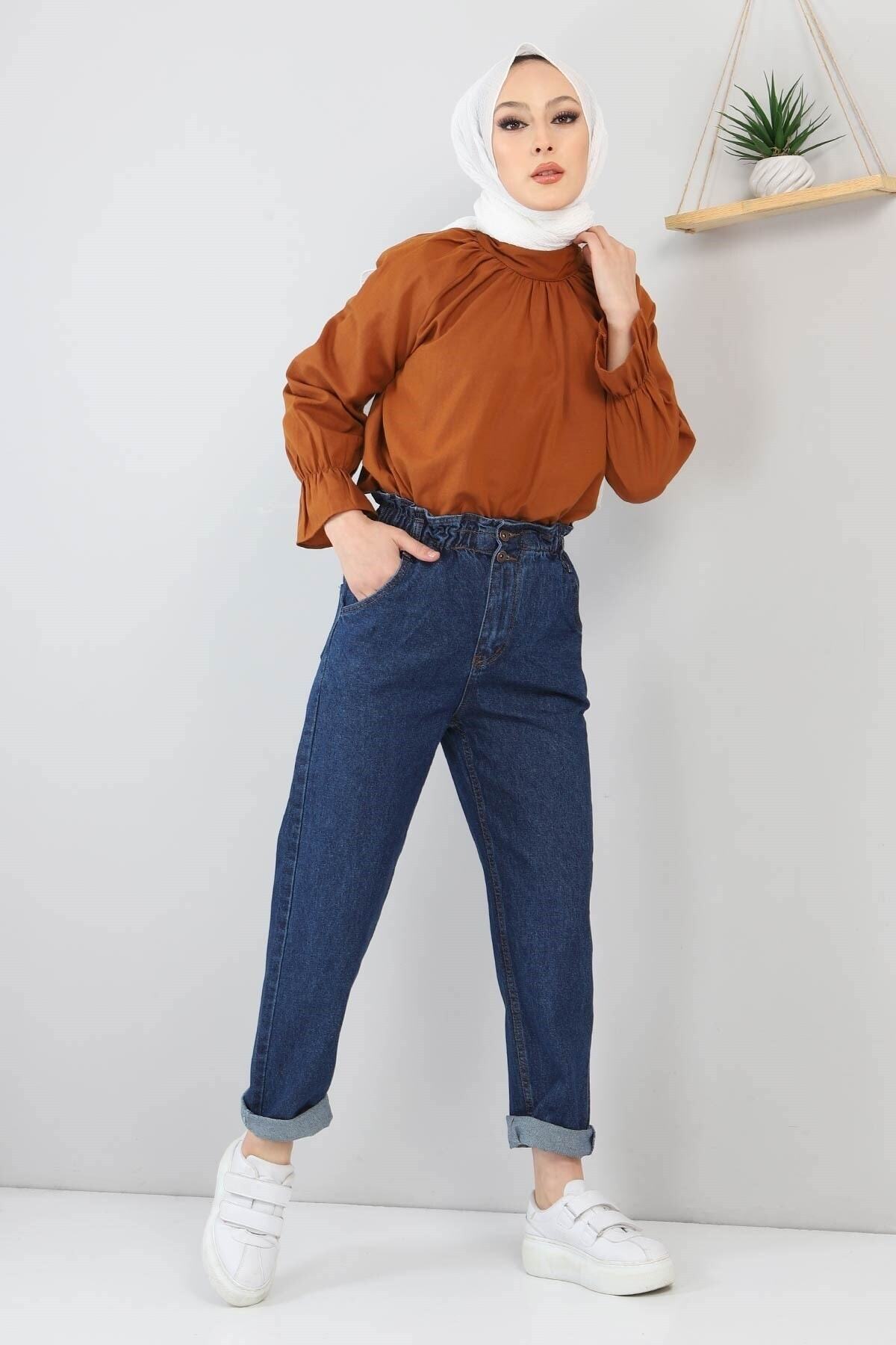 Modamihram-Elastic Waist Denim Trousers Dark Denim 5021 4