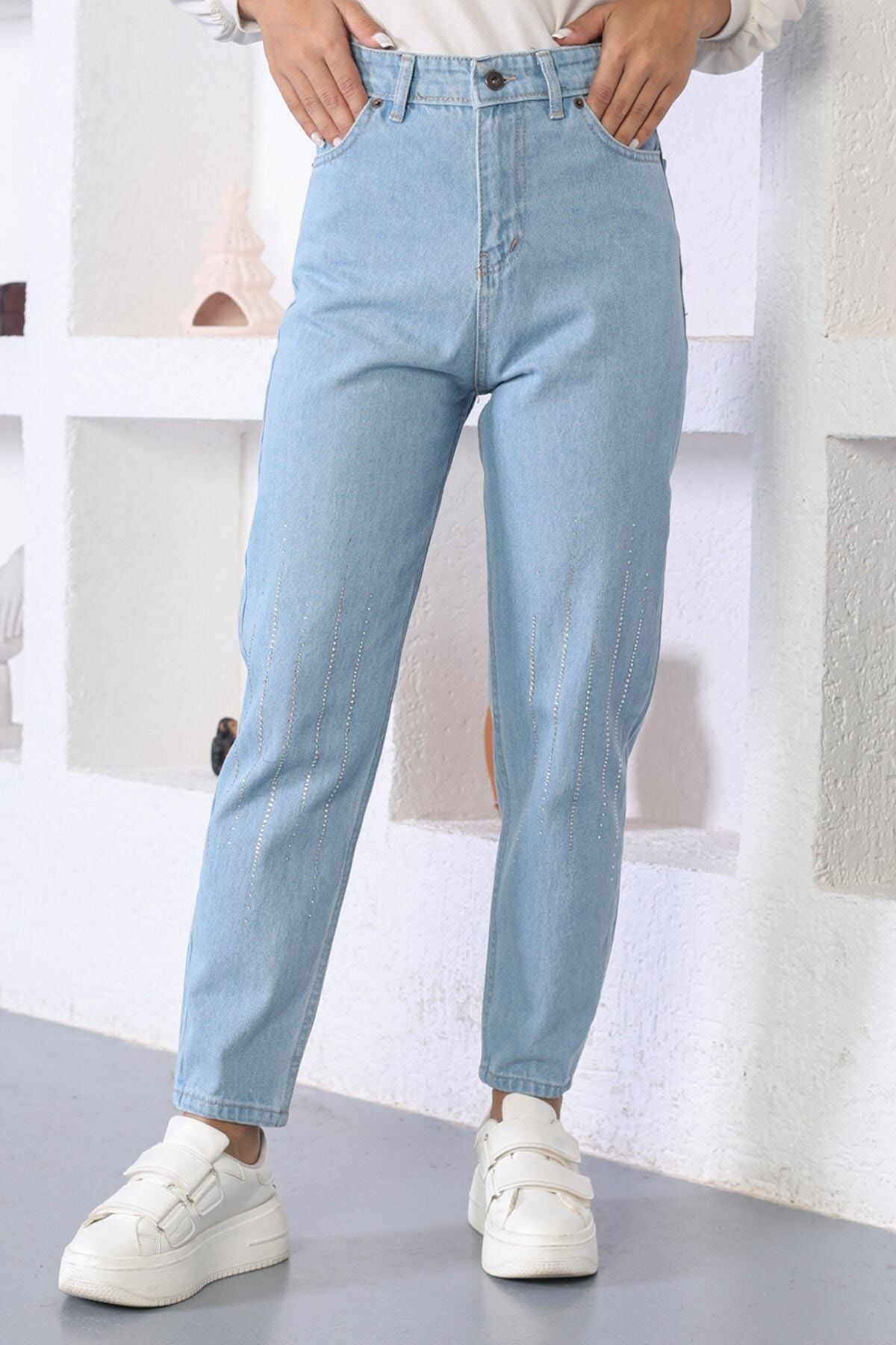 Taş Detaylı Kot Pantolon Açık Kot 6039 - 4