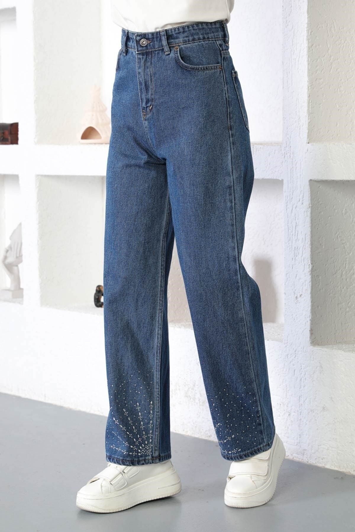Modamihram-Stone Detailed Denim Trousers Dark Denim 6043 4