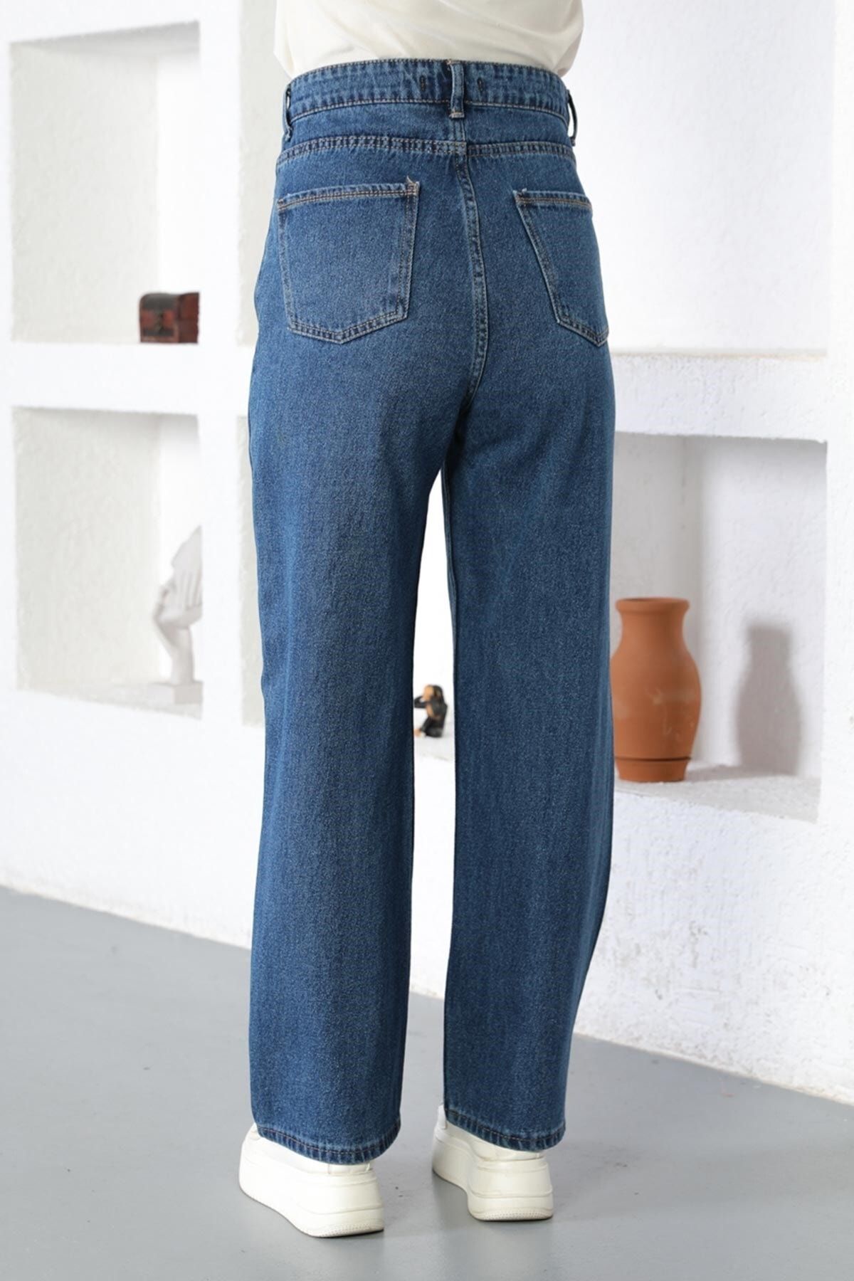 Modamihram-Stone Detailed Denim Trousers Dark Denim 6043 5