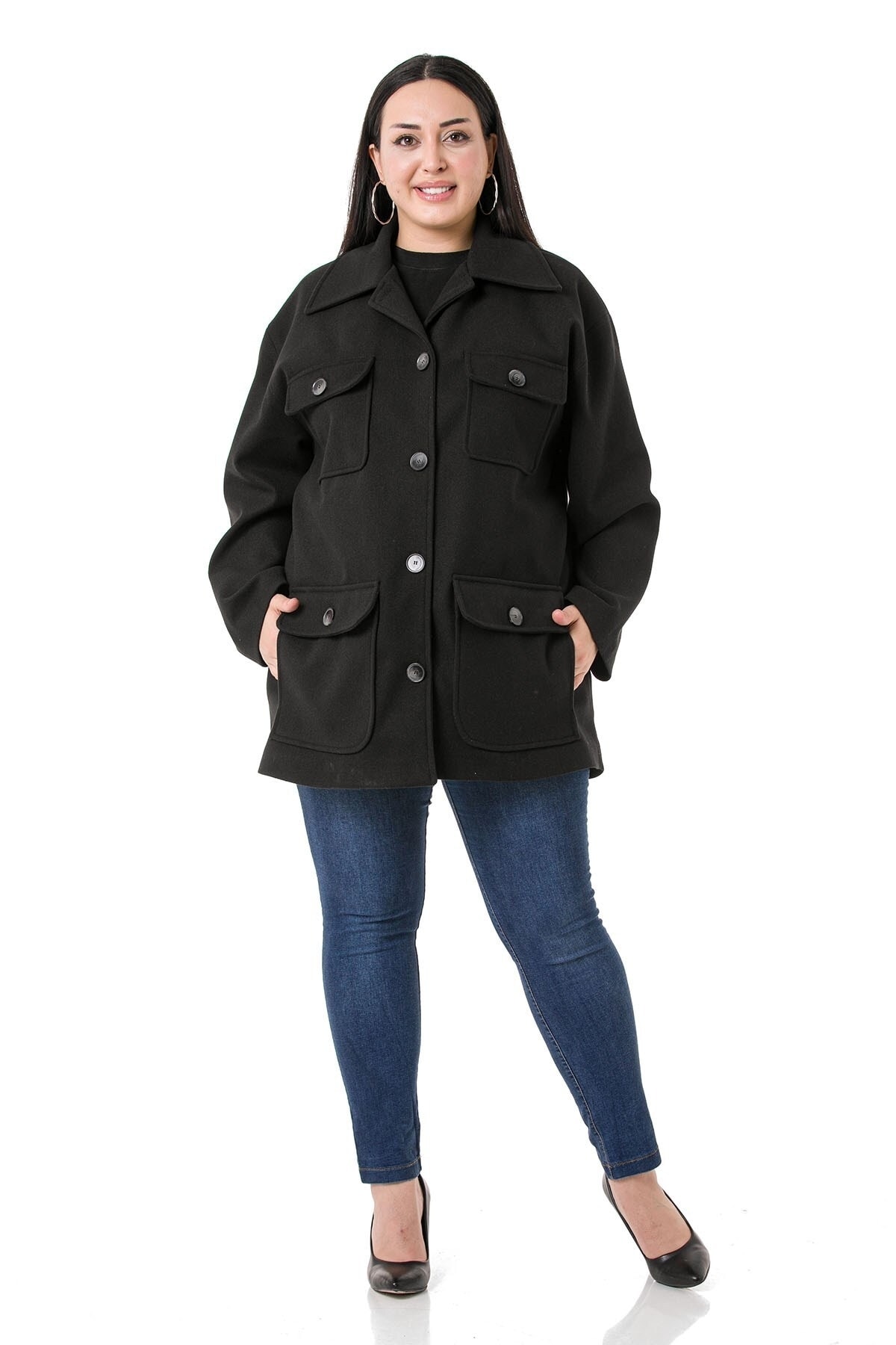 DISENTIS MODEST Büyük Beden Gömlek Yaka Kapaklı Cepli Astarlı Siyah Kaşe Kaban