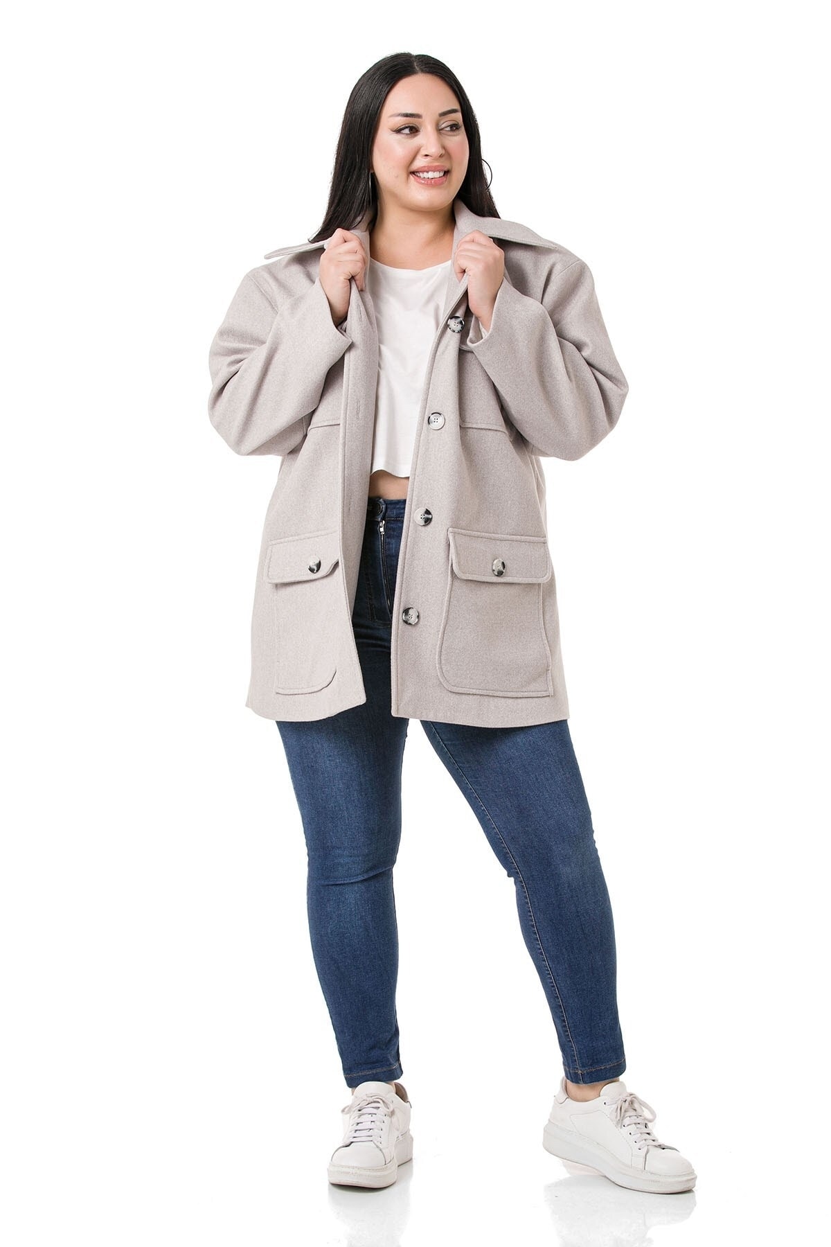 DISENTIS MODEST Büyük Beden Gömlek Yaka Kapaklı Cepli Astarlı Gri Kaşe Kaban