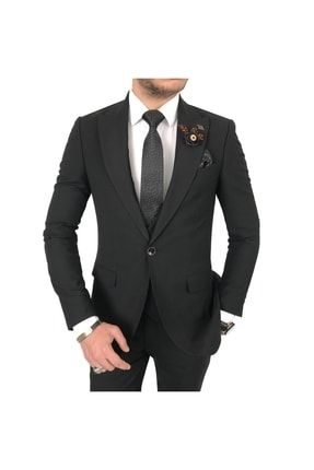 Italyan Stil Slim Ceket Yelek Pantolon Siyah Takım Elbise T3689