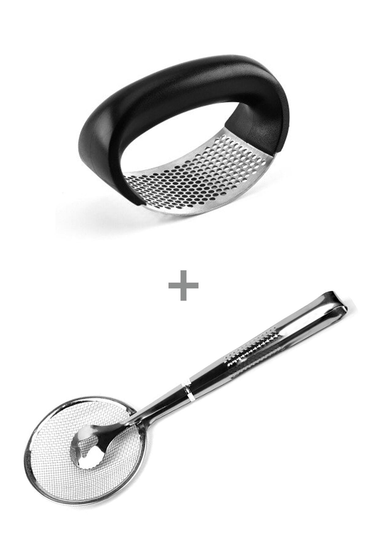 Kitchen Damys Kollu Sarımsak Ezici + Süzgeçli Kızartma Maşası 2'li