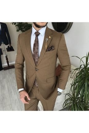 Italyan Stil Slim Fit Çizgili Erkek Ceket Pantolon Takım Elbise Kahverengi T7193