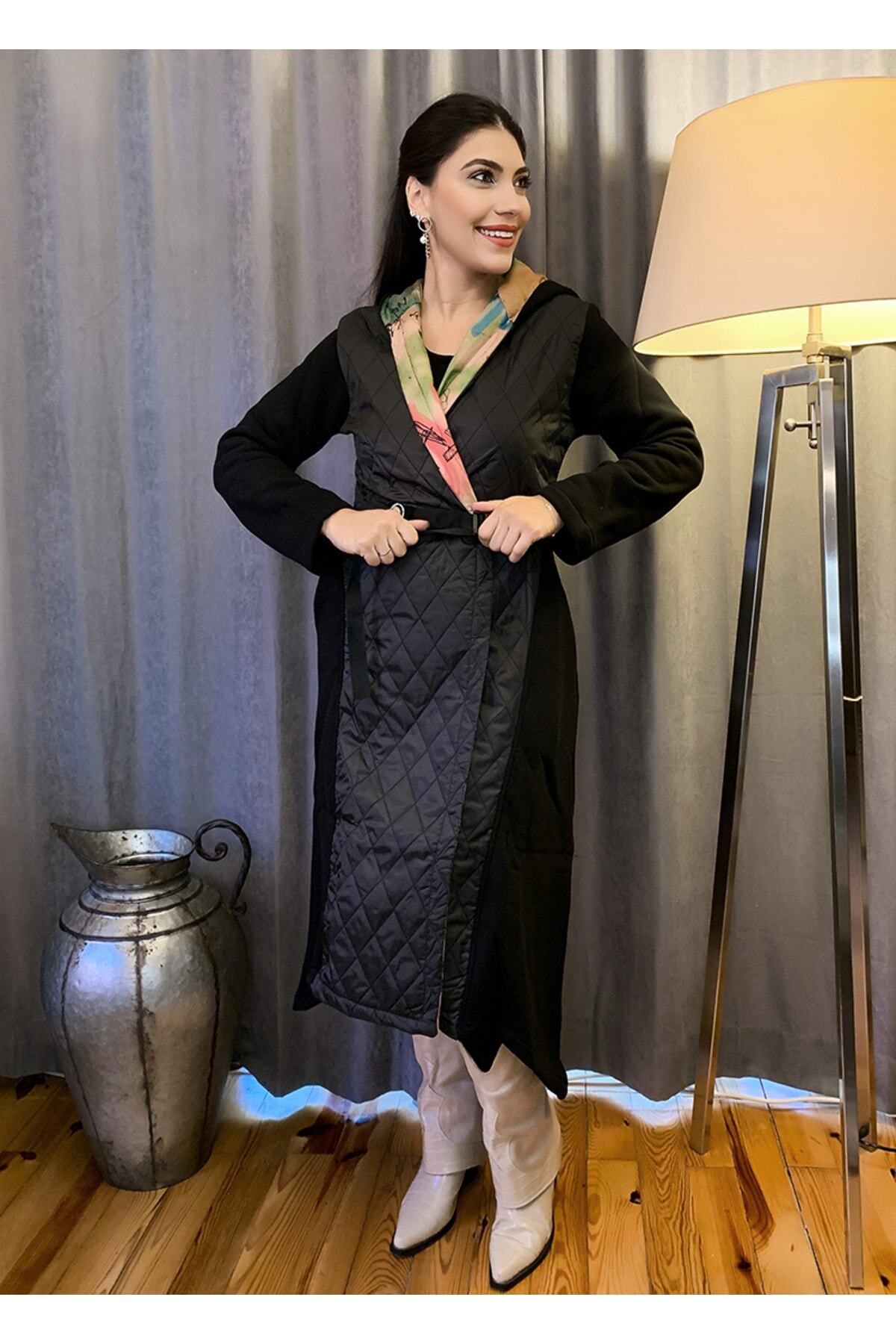 nurixa  Kapitone Detaylı Kapüşonlu Palto Mont - Görsel 5