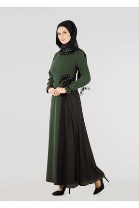 Kadın Haki Hakim Yaka Tül Detaylı Abiye Elbise 9573 17YELBTR9573