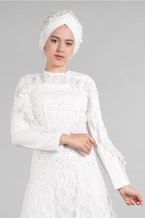 Kadın Krem Fır Fır Detaylı Dantel Abiye Elbise 60004 19YABLT60004