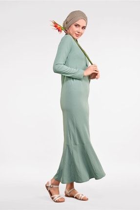 Kadın Yeşil (ÇAĞLA) Etek Ucu Volanlı Pamuklu Elbise 8221 19YELBTR8221