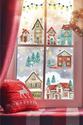 Yeni Yıl Karlı Kış Yılbaşı Evleri Dekoratif Cam Duvar Mobilya Karavan Sticker TA-CS377