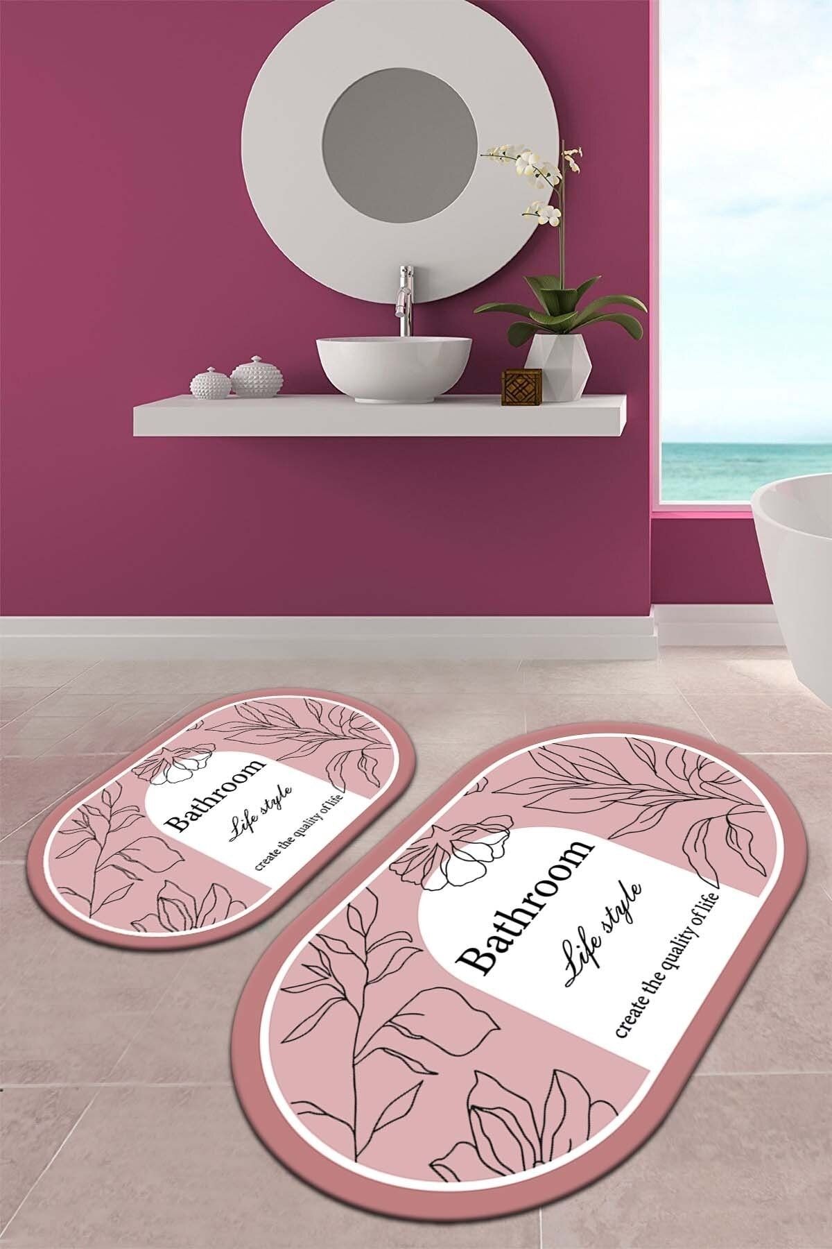 ALAADDİN CARPET Kaymaz Tabanlı Yıkanabilir 2 Li Set 60x100 50x60 Banyo Halısı Banyo Paspası Klozet Takımı