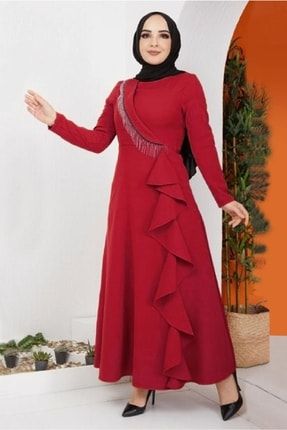 Kadın Kırmızı Püskül Detaylı Volanlı Abiye Elbise 4724 22YABLTR4724
