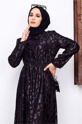 Kadın Siyah Desenli Simli Elbise 6601 22YELBTR6601