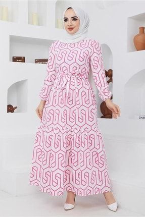 Kadın Pembe Geometrik Desenli Elbise 50047 22YELBTR50047