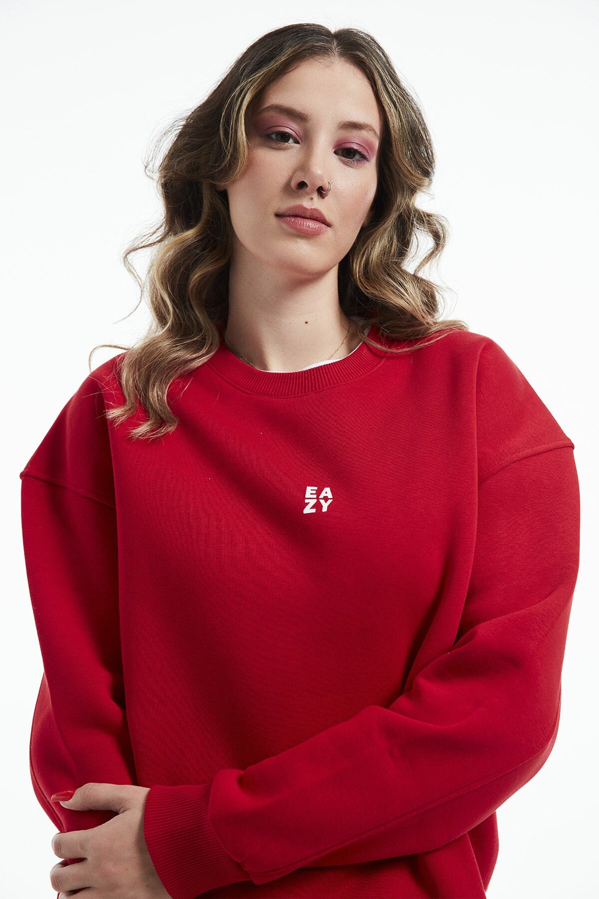 Eazy Co-Eazy Basic Oversize Unisex Red Crew Neck Thick Sweatshirt 3