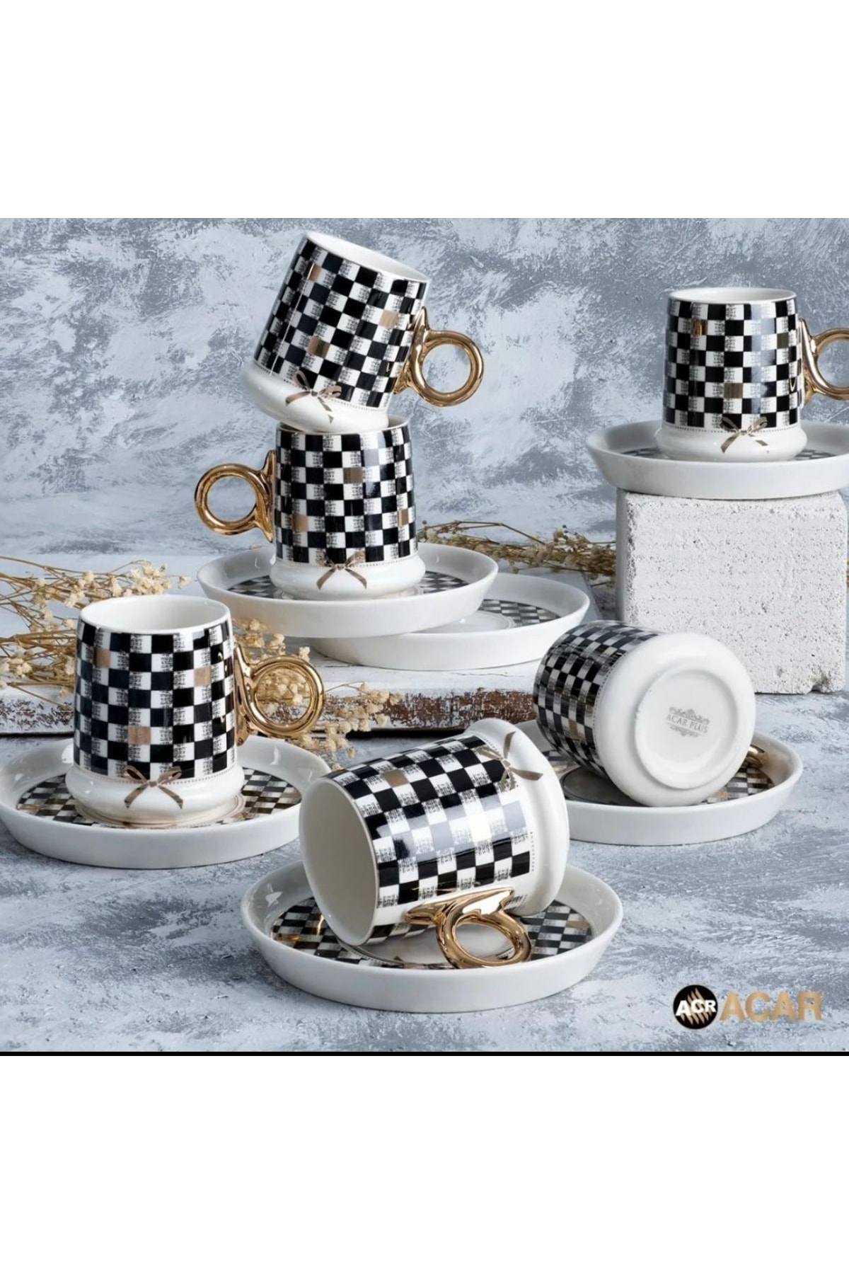 YzHome 6 Kişilik Dama Desen Porselen Gold Yaldızlı Kahve Fincan Takımı ...
