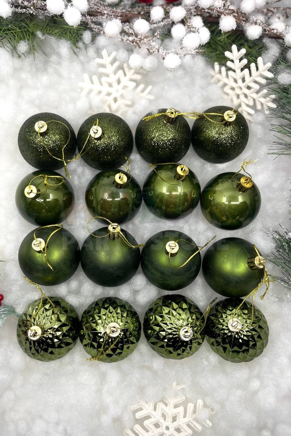 Huzur Party Store Pack of 16 Olive Green Colored Cute Balls 6 Cm Glitter Matte Shiny Embossed Christmas New Year Pine Tree Ornament