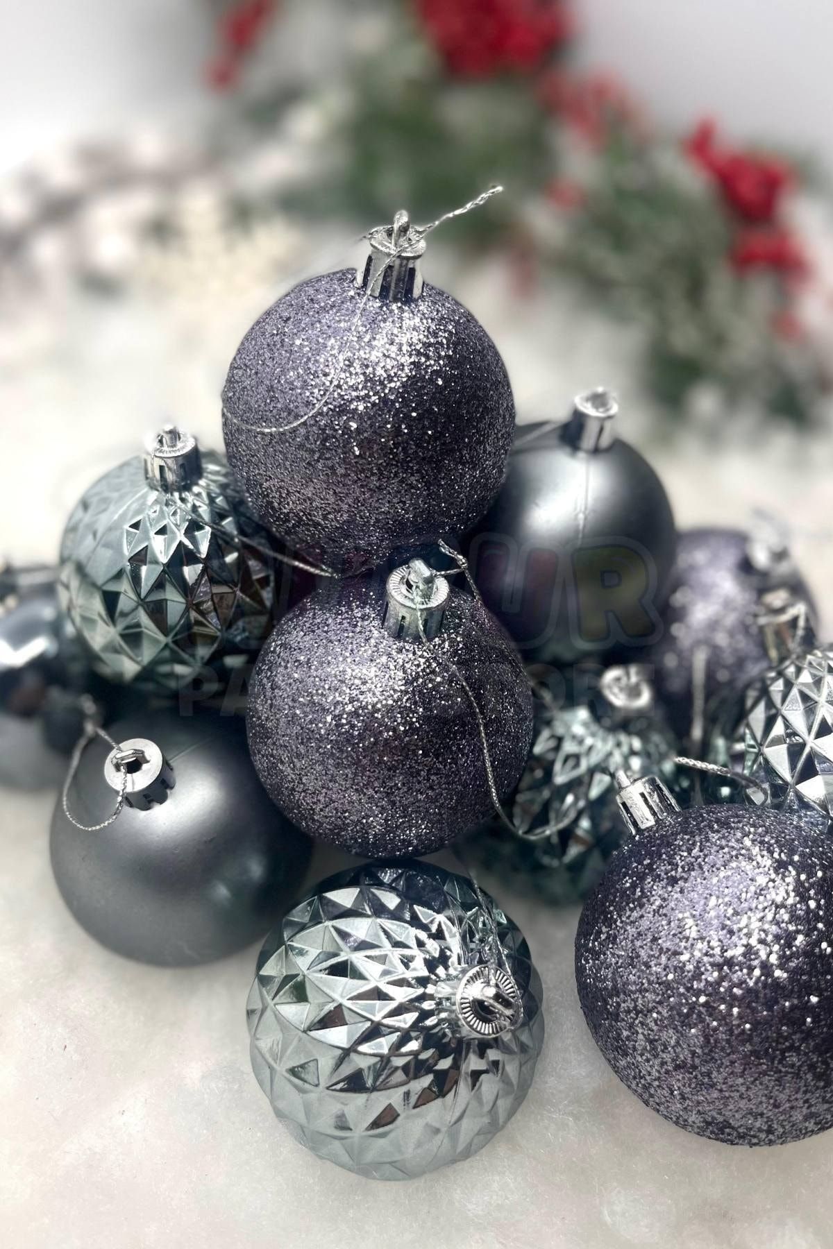 Huzur Party Store Pack of 16 Dark Silver Color Cute Balls 6 Cm Glitter Matte Shiny Space Gray Christmas New Year Pine Tree Ornament