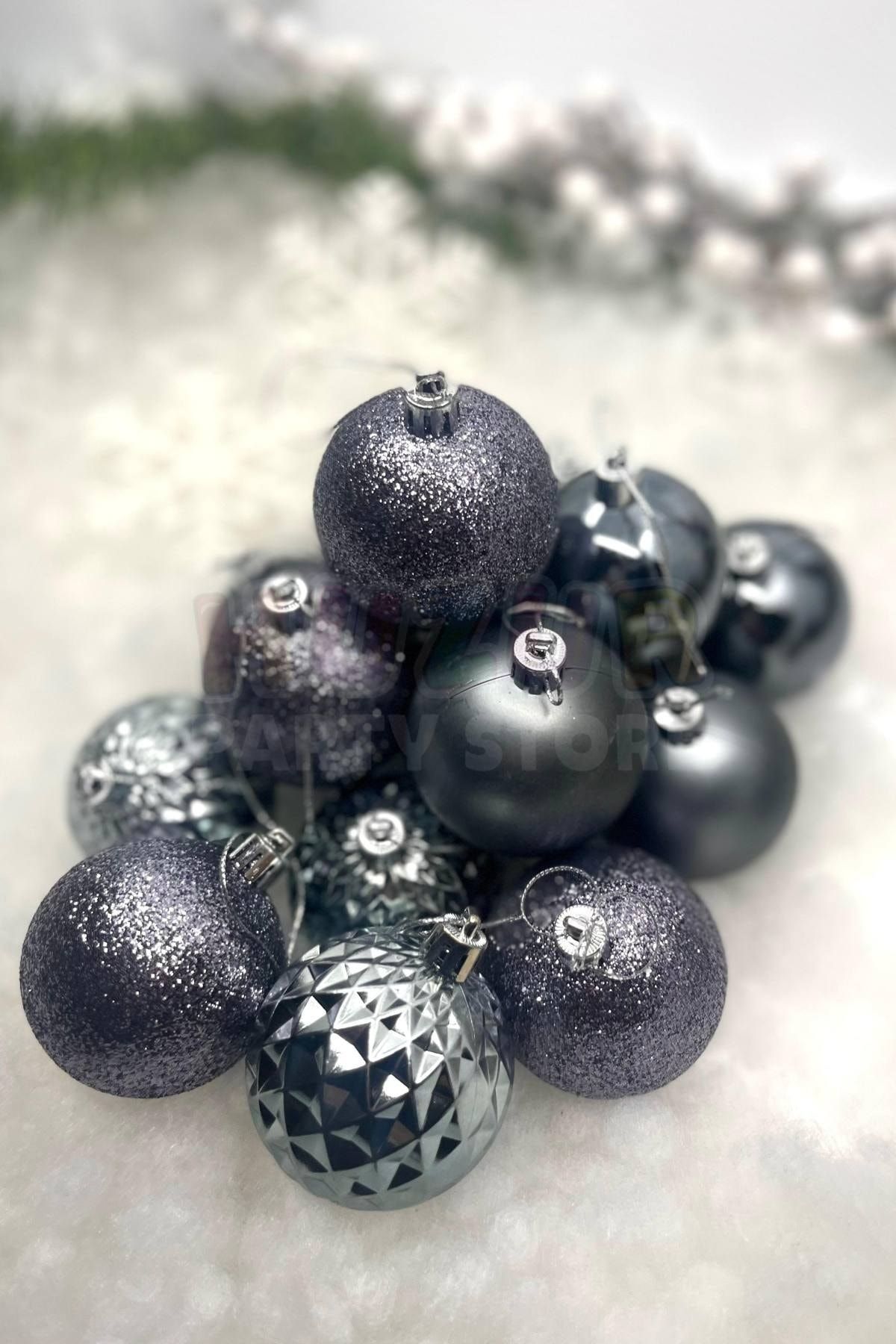 Huzur Party Store Pack of 16 Dark Silver Color Cute Balls 6 Cm Glitter Matte Shiny Space Gray Christmas New Year Pine Tree Ornament