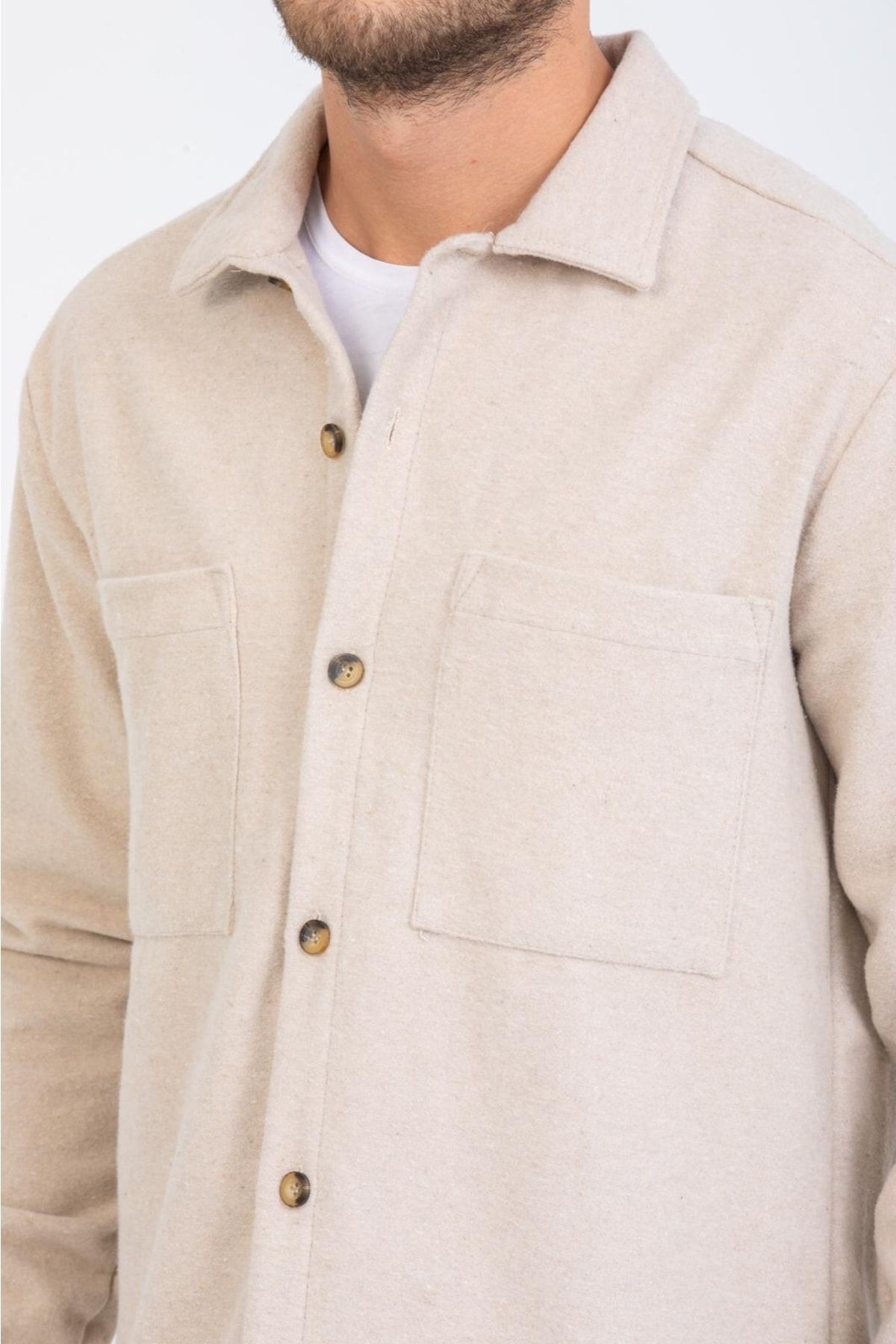 coder-Regular Fit Men's Double Pocket Beige Stamp Lumberjack Shirt 6