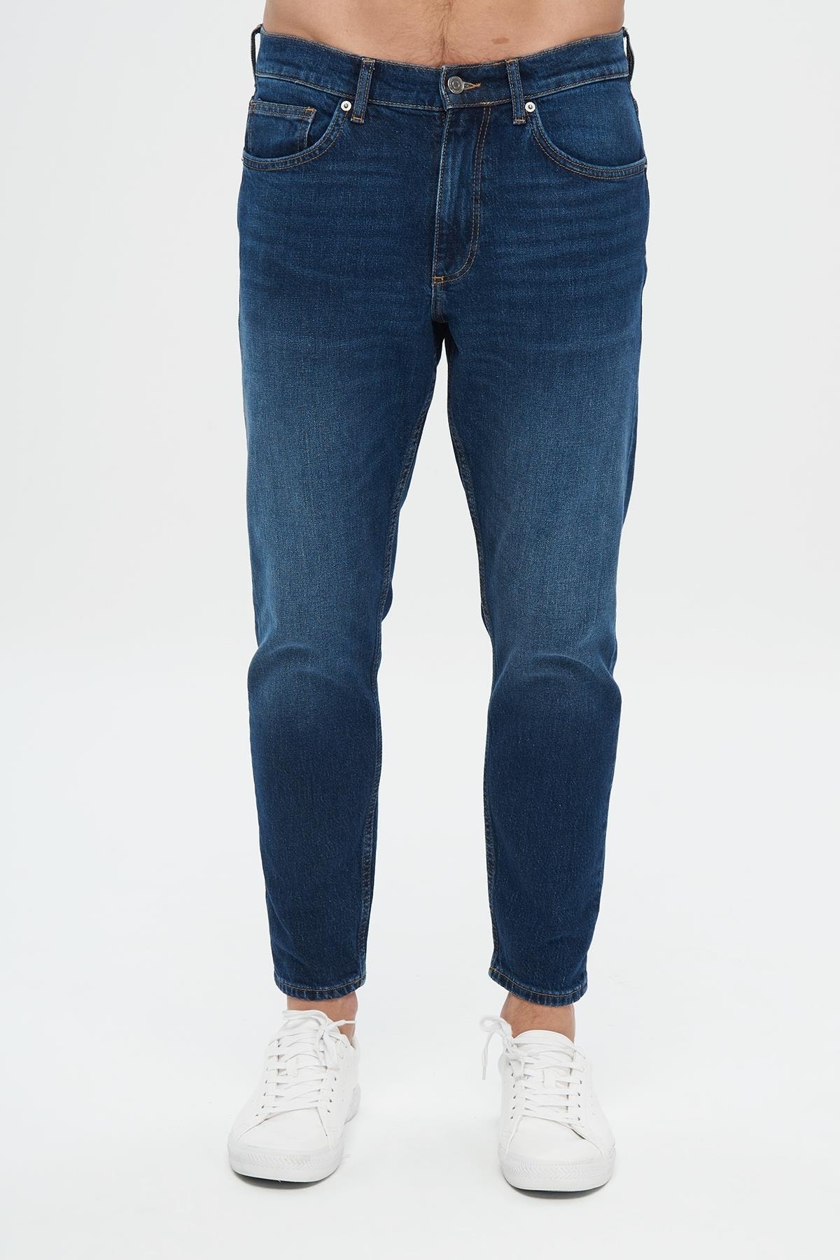 CROSS JEANS-Finn Dark Blue Regular Tapered Zippered Jean Trousers E 4407-008 2