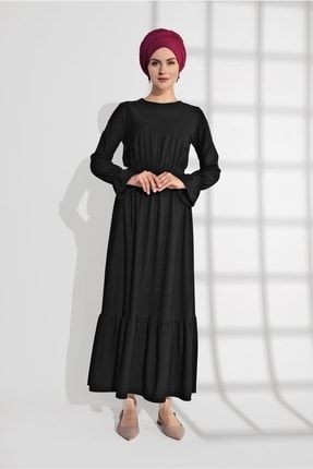 Kadın Siyah Beli Lastikli Volanlı Elbise 9116 19YELBTR9116