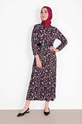 Kadın Siyah (SİYAH-BORDO) Pamuklu Çiçek Desenli Elbise 8030 20YELBTR8030