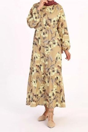 Kadın Kahve (CAMEL) Manşetleri Lastikli Çiçekli Elbise 8732 22YELBTR8732