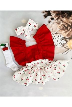 Kız Bebek Kırmızı Kiraz Desenli Salopet Bandana Kirazlı Salopet Elbise Çorap Set Krzslpt